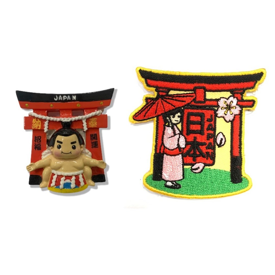 招福开运相扑 Sumo旅游磁铁+日本  和服少女鸟居臂章【2件组】纪 - 冰箱贴/磁贴 - 橡胶 多色