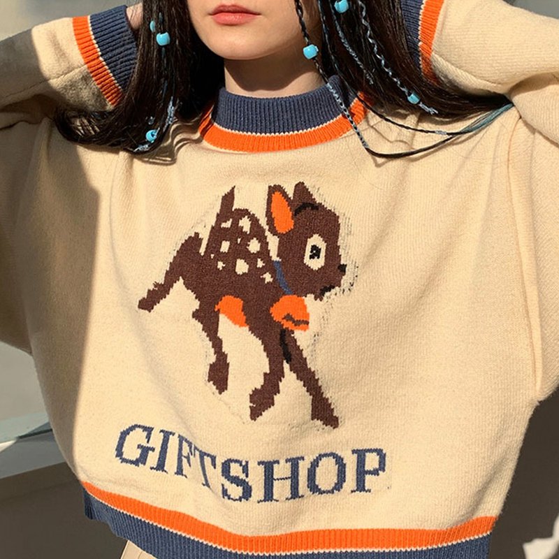 复古小鹿印花 宽松针织毛衣 - 女装针织衫/毛衣 - 其他人造纤维 