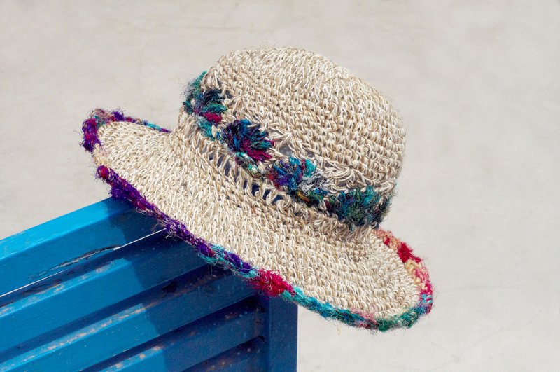 七夕礼物 限量一件 手工纱丽线编织棉麻帽 / 编织帽 / 渔夫帽 / 草帽 - 渐层 手捻纱丽线花朵编织 - 帽子 - 棉．麻 多色