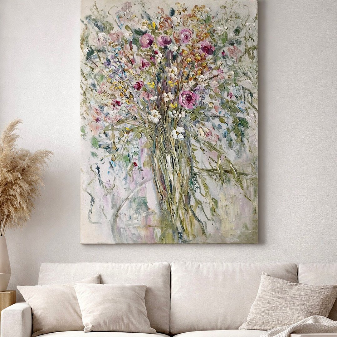 大型油画 50x70 厘米，花瓶中的厚涂纹理花卉 - 墙贴/壁贴 - 其他材质 