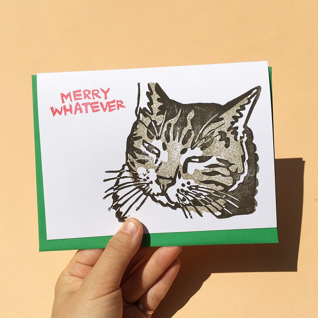 Hand-printed card - Merry Whatever Grumpy Cat Meme Christmas - 卡片/明信片 - 纸 