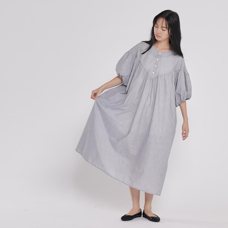 Bernice半开襟V型剪接泡泡袖长洋装/岩灰 - 洋装/连衣裙 - 棉．麻 灰色