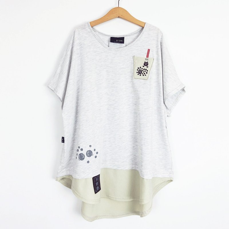 黑糖珍珠奶茶 /  前短后长上衣 (浅麻灰白+米) - 女装上衣 - 棉．麻 白色