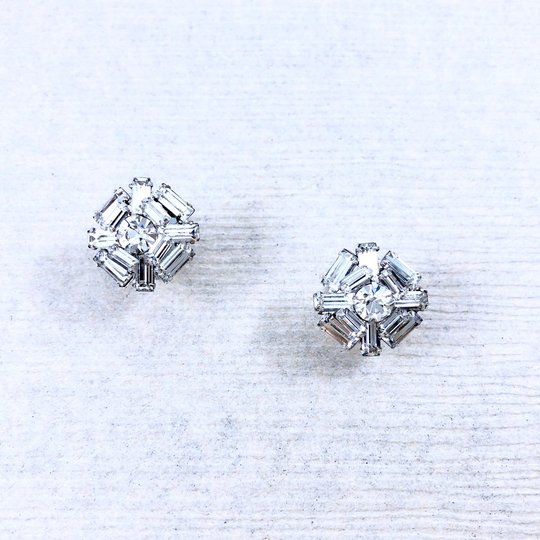Vintage Crystal Rhinestone Art Deco Snowflakes Earrings - 耳环/耳夹 - 银 银色