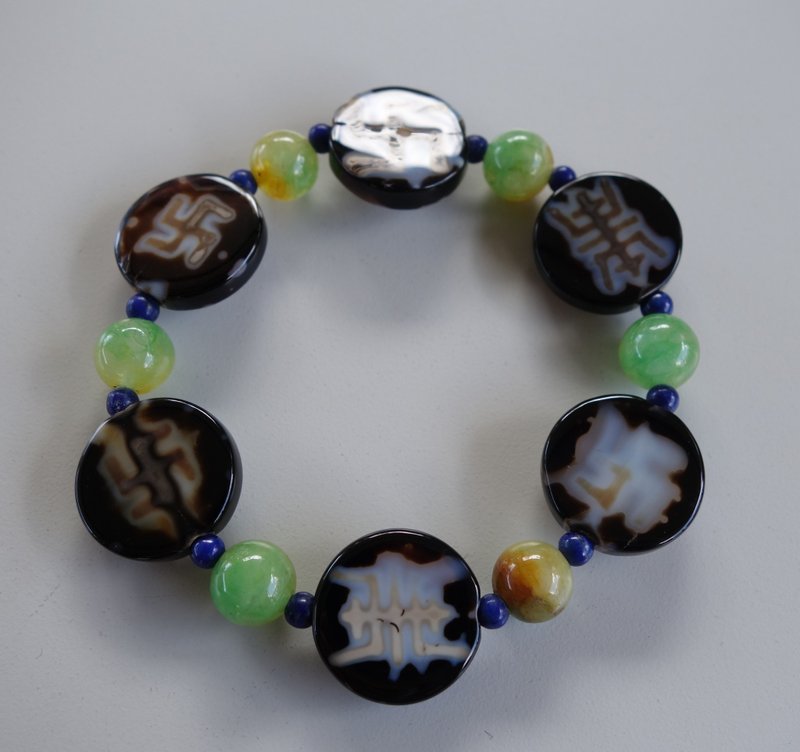 万字 (卍字) 天珠 板珠 手链 手围 #17 天然玛瑙 手镯 玉髓 手环 - 手链/手环 - 玉石 多色