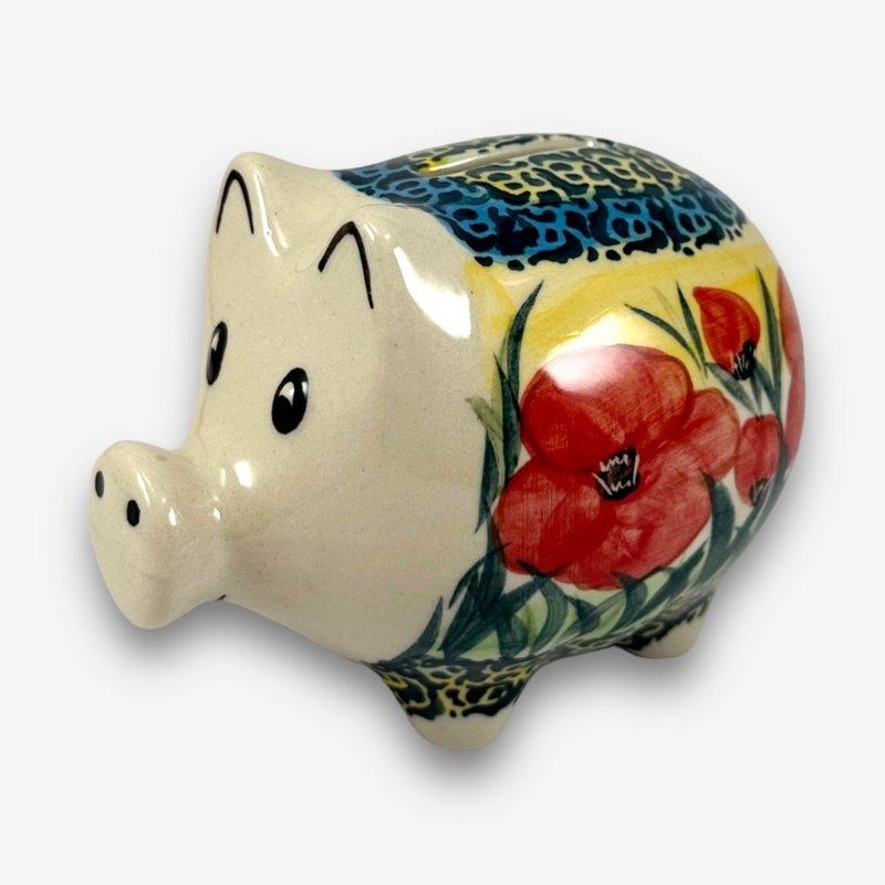 波兰手绘手工陶-小猪存钱筒 12cm 绚烂红霞系列 设计师款 - 储蓄罐 - 陶 黄色