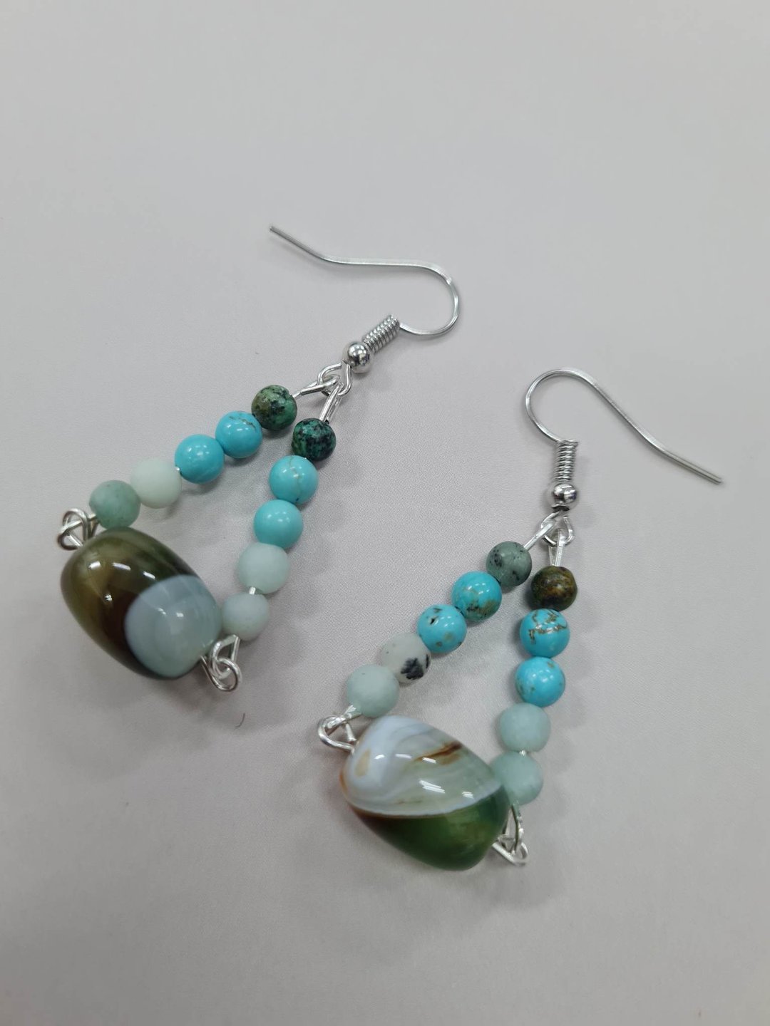 Agate Amazonite and Turqouise Lucky Stone Hook Earrings - 耳环/耳夹 - 石头 绿色