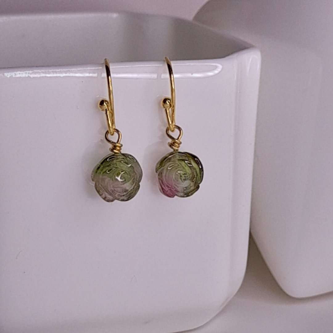 招财旺夫水晶碧玺电气石Tourmaline14K耳环 糖果玫瑰花 独一无二 - 耳环/耳夹 - 水晶 