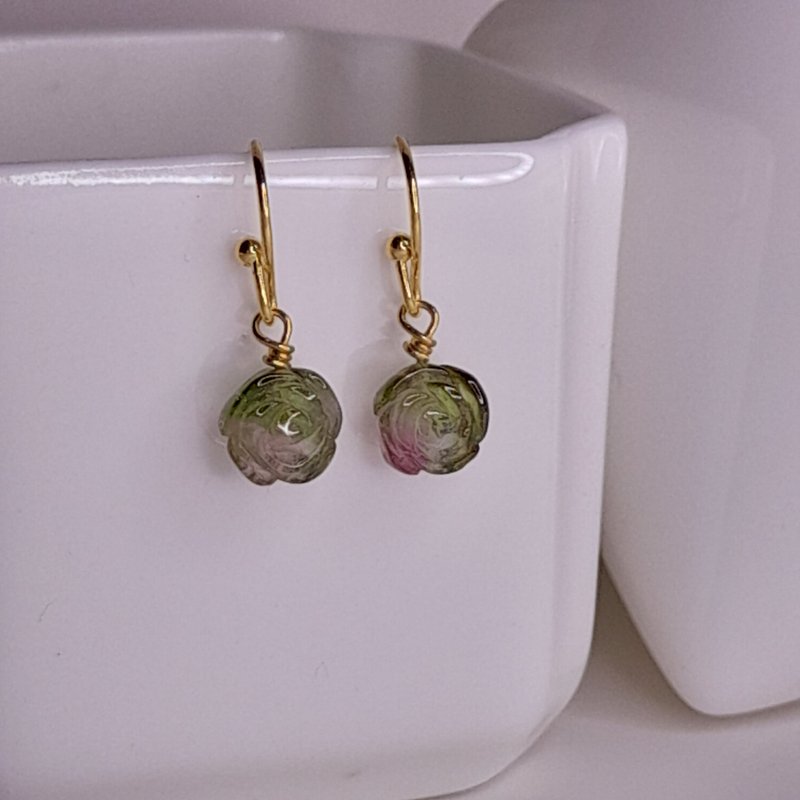 招财旺夫水晶碧玺电气石Tourmaline14K耳环 糖果玫瑰花 独一无二 - 耳环/耳夹 - 水晶 