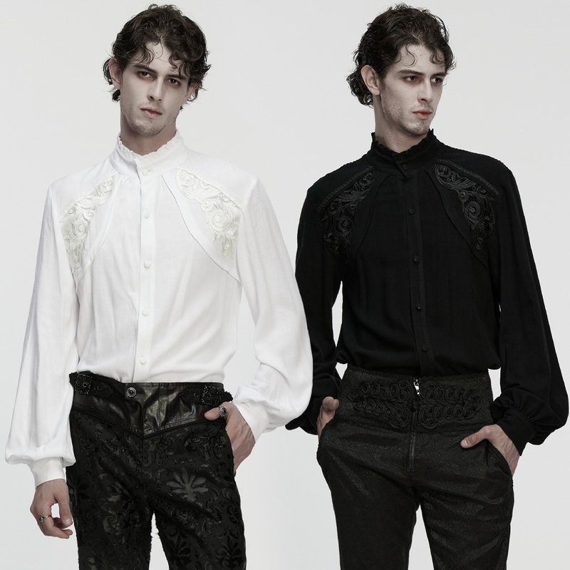 哥德炼金师贴花立领棉麻衬衫 - 黑 / 白 - 男装西装外套 - 其他材质 白色