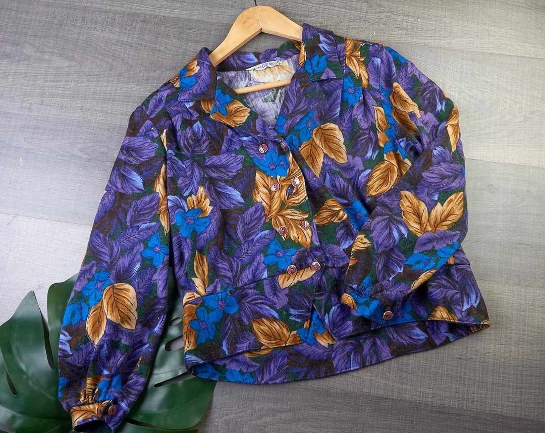 加大码 | 女士复古碎花衬衫| 长袖上衣| 女士复古服装| - 女装衬衫 - 其他材质 紫色