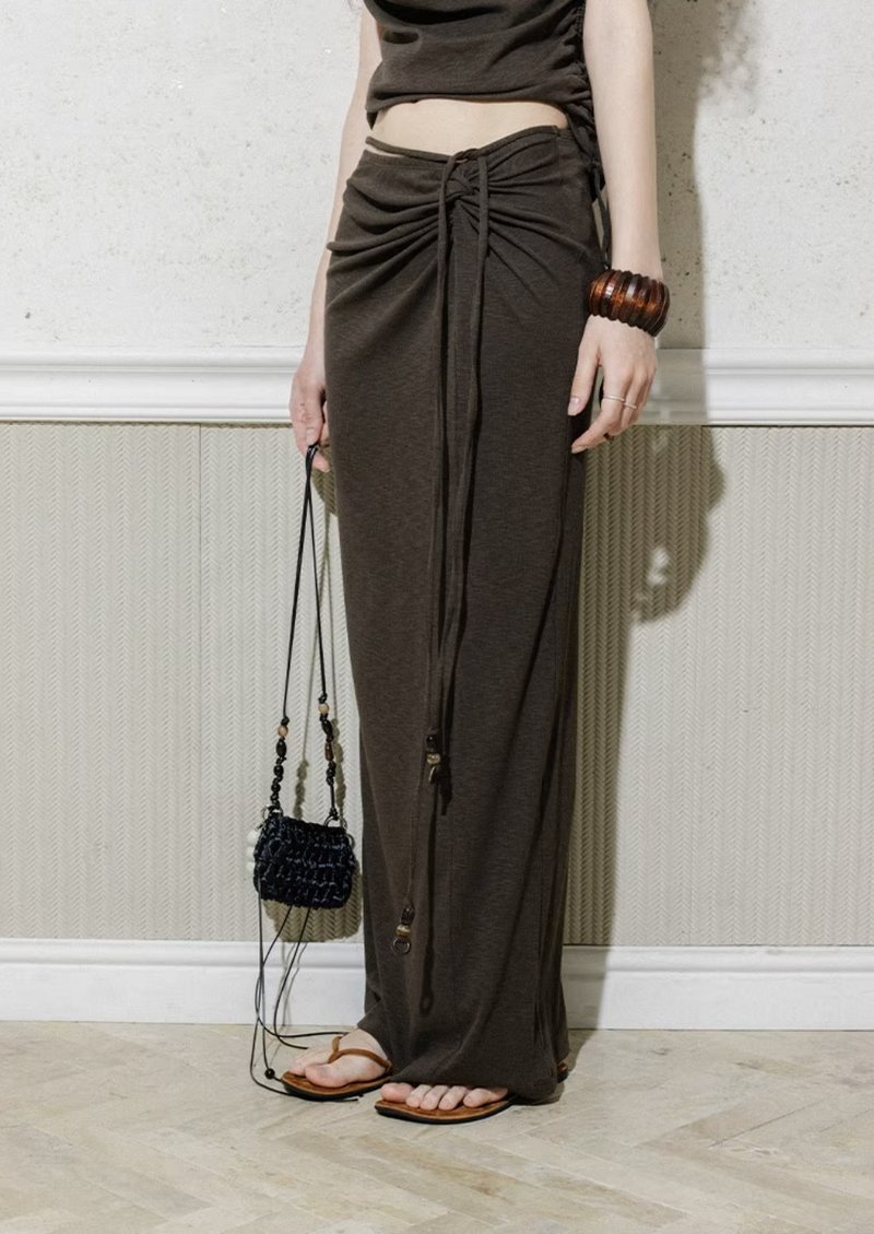 法式复古 扭结半身裙 度假风长裙 - 裙子 - 其他材质 咖啡色