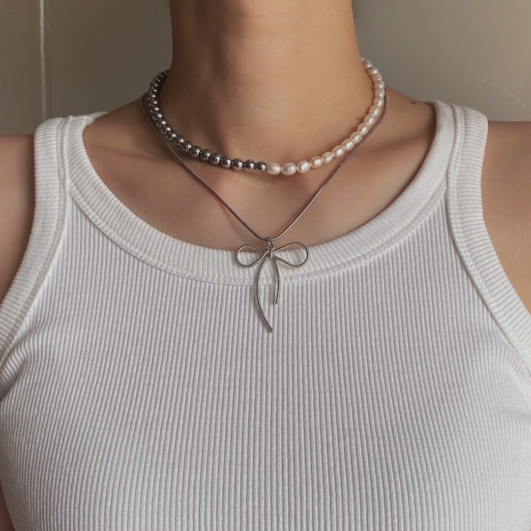 NATURAL FRESHWATER PEARLS & HEMATITE NECKLACE WITH RIBBON CHARM SET (项链) - 项链 - 珍珠 