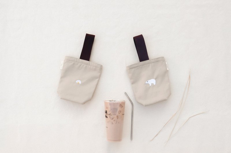 ( 圣诞限量 ) - 刺绣北极熊冰屋帆布保温环保饮料提袋 - 随行杯提袋/水壶袋 - 棉．麻 卡其色