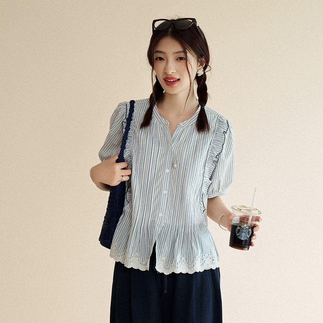 撞色线绣花娃娃衫|衬衫|两色|夏款|Sora-1560 - 女装衬衫 - 棉 多色
