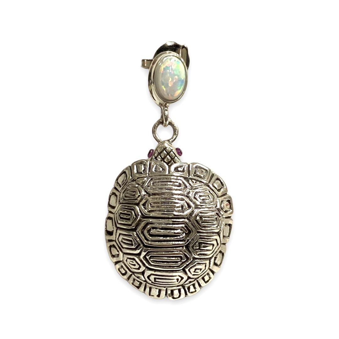 Victorian Style Turtle Tortoise Pill Snuff Box Pendant Opal 925 Sterling Silver - 项链 - 纯银 银色