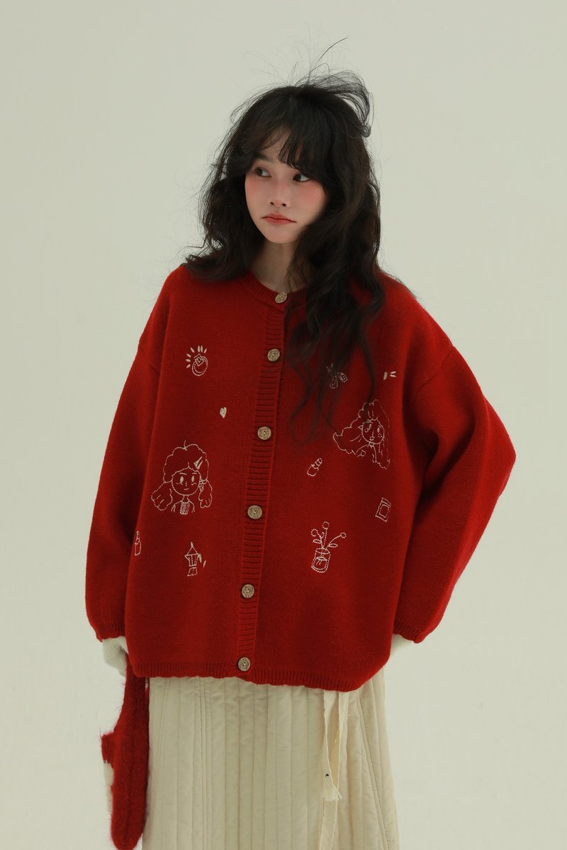 2顔色 草莓果醬 慵懶甜美刺繡毛衣 文藝卡通刺繡針織衫上衣 - 女装针织衫/毛衣 - 其他人造纤维 红色