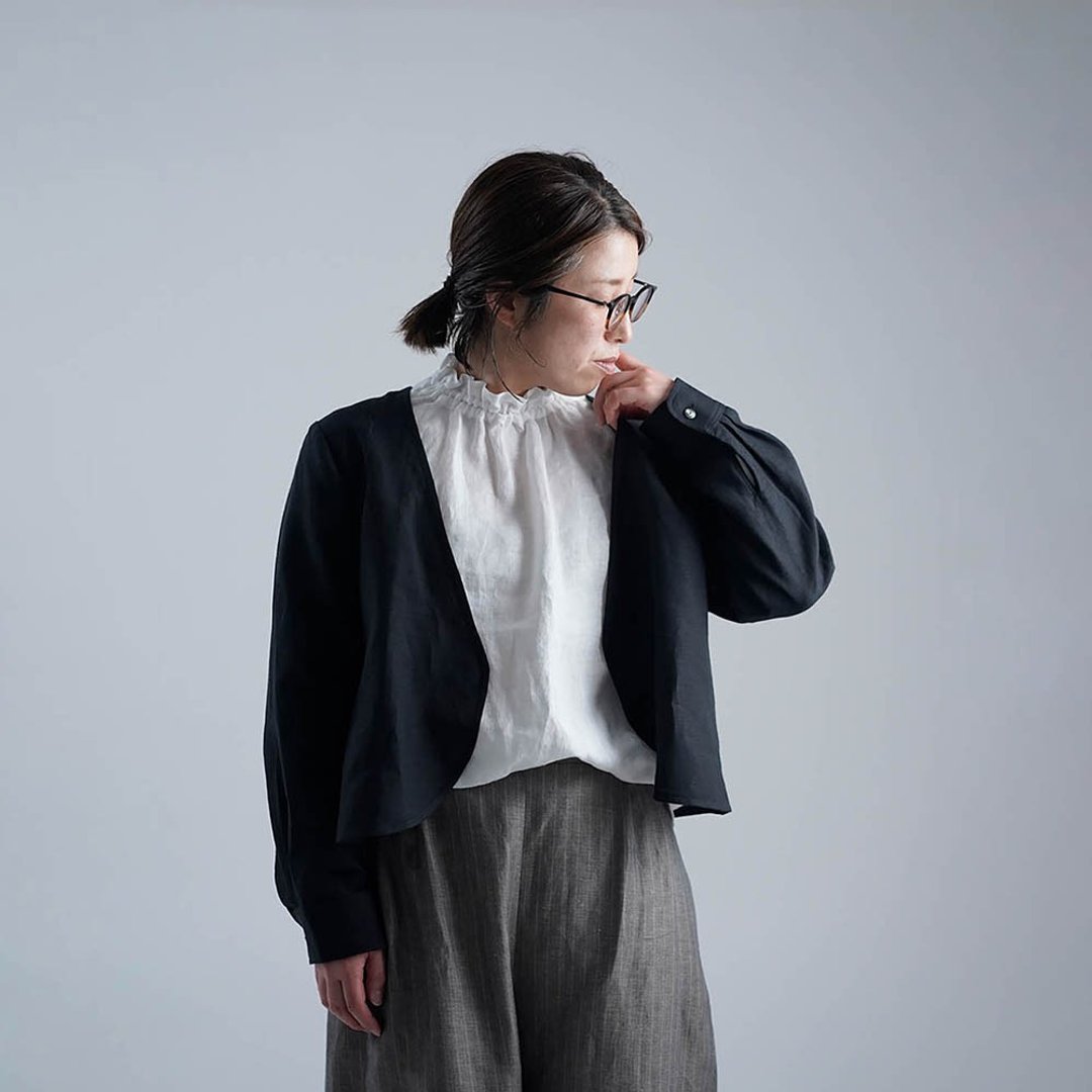 wafu --Ama open collar linen V-neck Bolero / Black h001c-bck2 - 女装上衣 - 亚麻 黑色