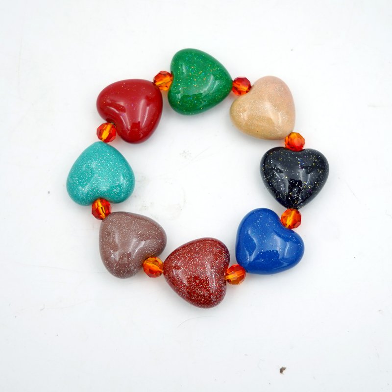 【邱比特系列】纯手工制 闪亮彩色心型珠子串珠手链 树脂超轻巧 - 手链/手环 - 塑料 多色