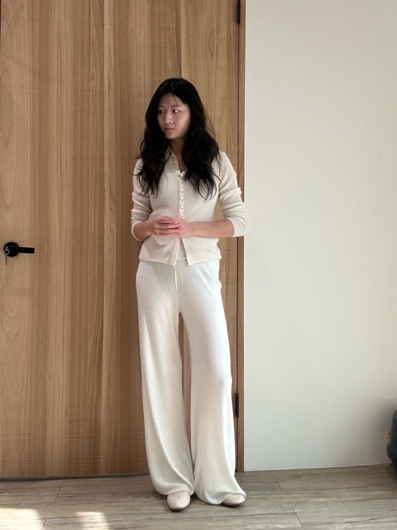 腰松紧针织长裤 - 女装长裤 - 羊毛 白色