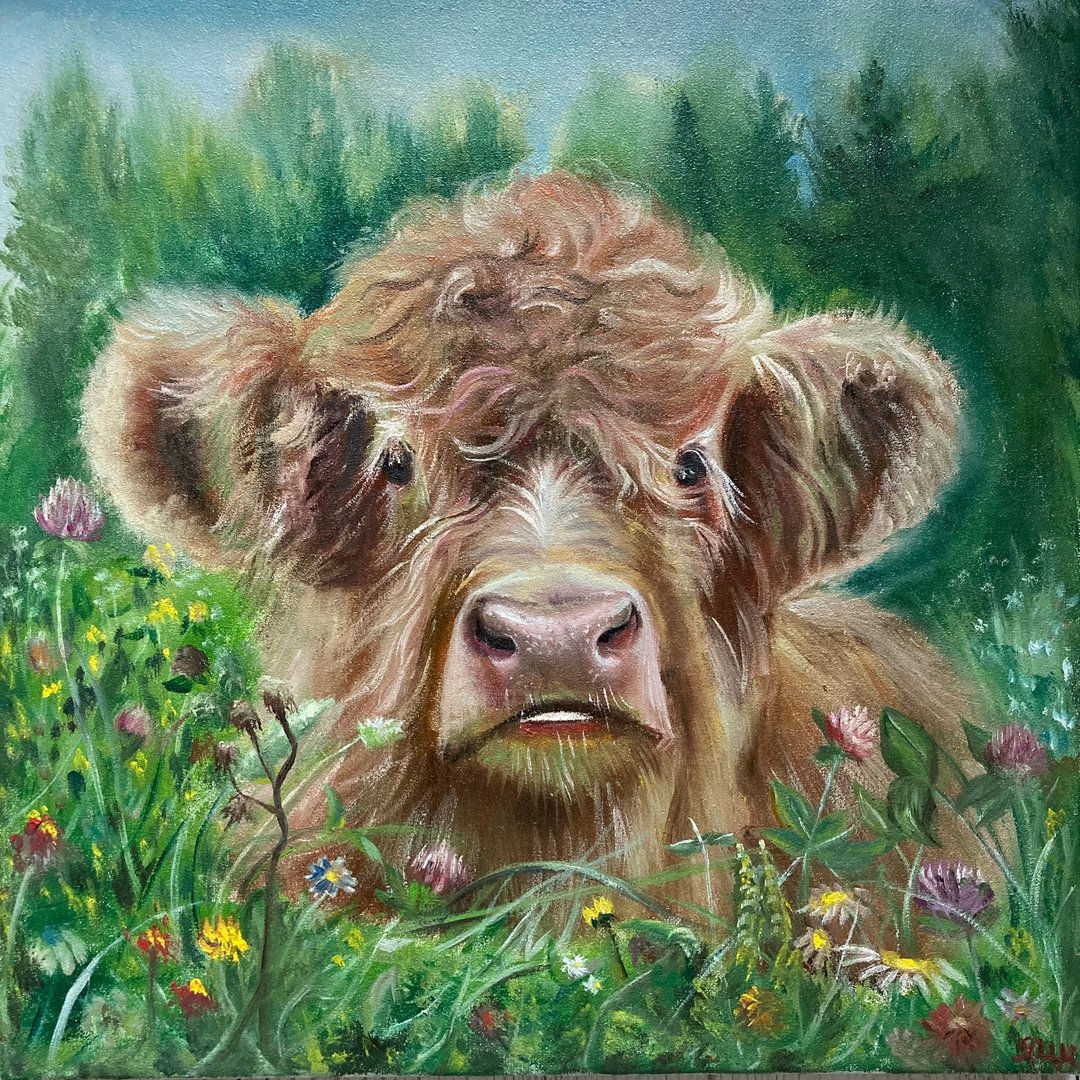 Cute Calf Painting, Cottagecore Painting, Original Cow Painting On Canvas - 海报/装饰画/版画 - 其他材质 绿色