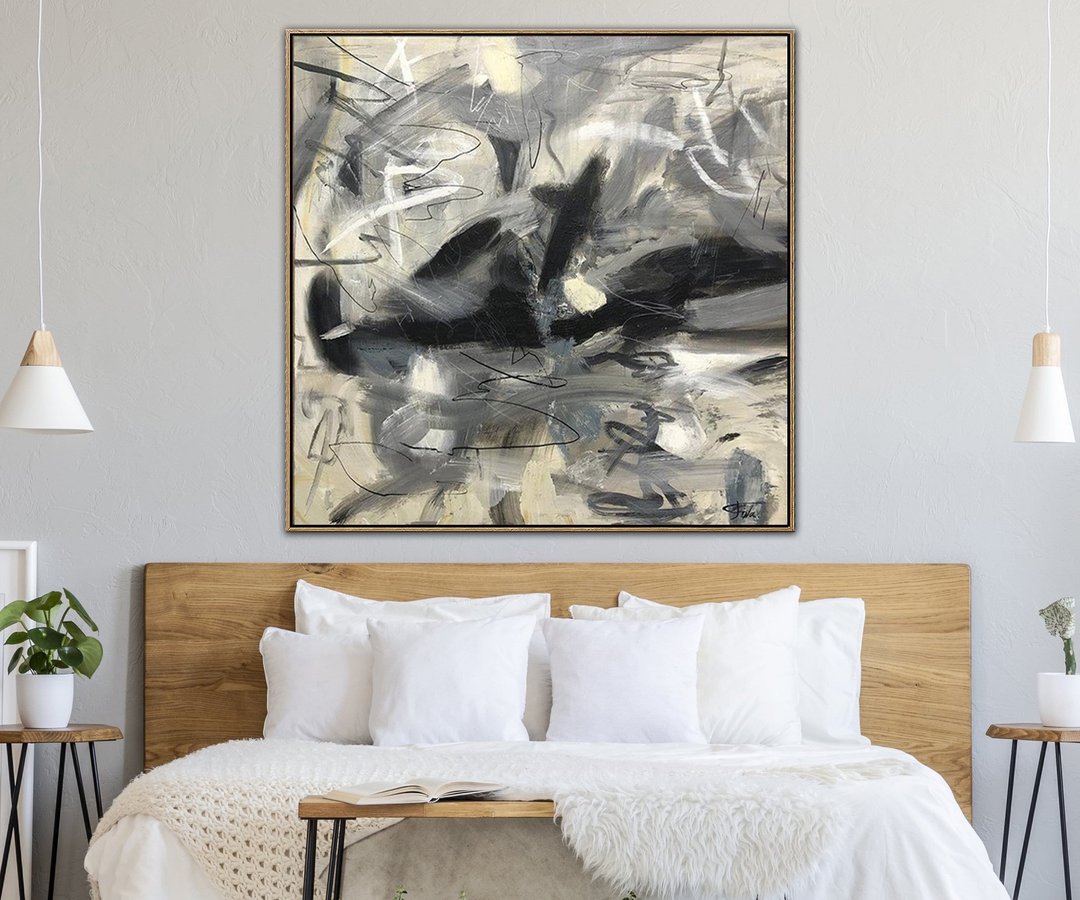 超大压克力抽象灰色艺术米色画布美术画作 - 墙贴/壁贴 - 压克力 灰色