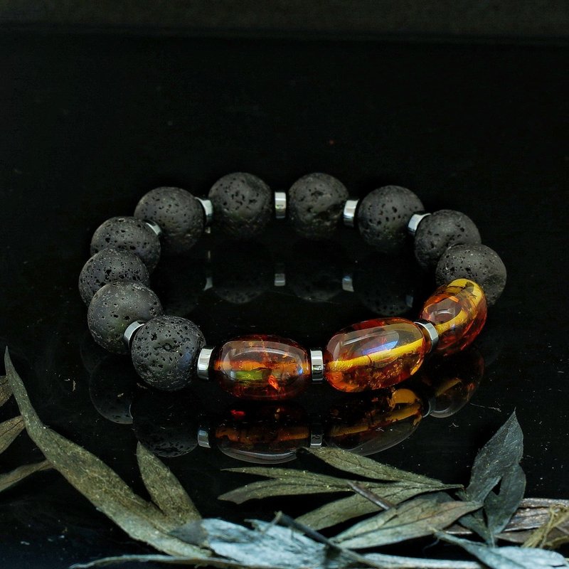 波罗的海爆花金琥珀 12mm 火山石手链-3 - 手链/手环 - 玉石 