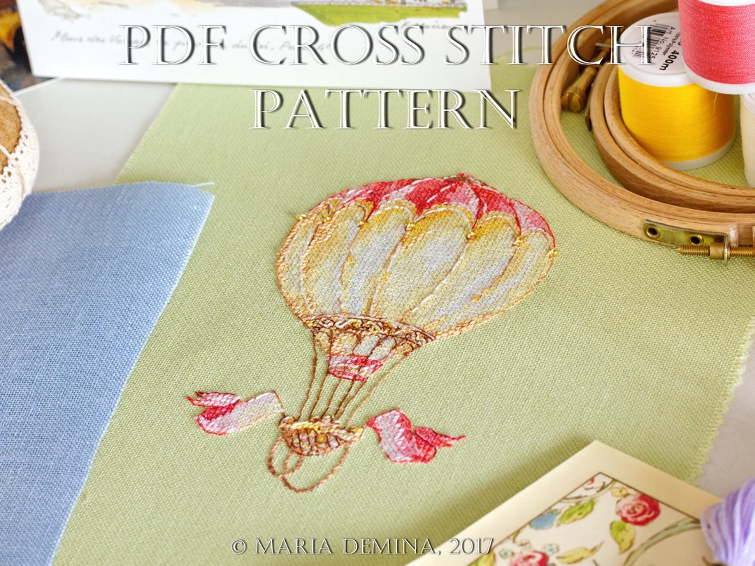 Watercolor Hot Air Balloon With Flags PDF cross stitch pattern - 手工艺教程/工具书 - 其他材质 