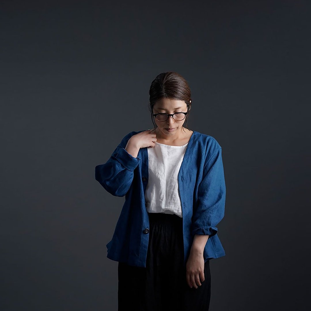 wafu --Ama woman short cloak Linen Basque jacket / Ocean h005e-ocn3 - 女装上衣 - 亚麻 蓝色