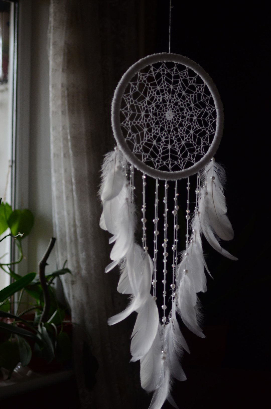 White Boho Dream catcher ตาข่ายดักฝันสีขาวสไตล์โบโฮ - 墙贴/壁贴 - 绣线 白色