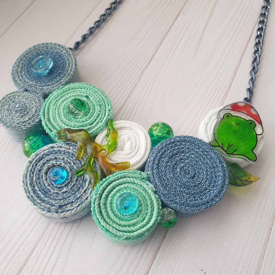 Recycled denim necklace Jeans necklace OOAK jewelry - 项链 - 其他金属 蓝色