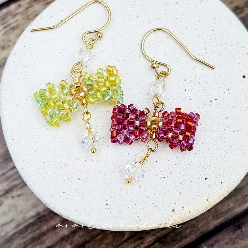 串珠 钩针 编织 刺绣  蝴蝶结耳环   可改夹式 - 耳环/耳夹 - 其他材质 红色