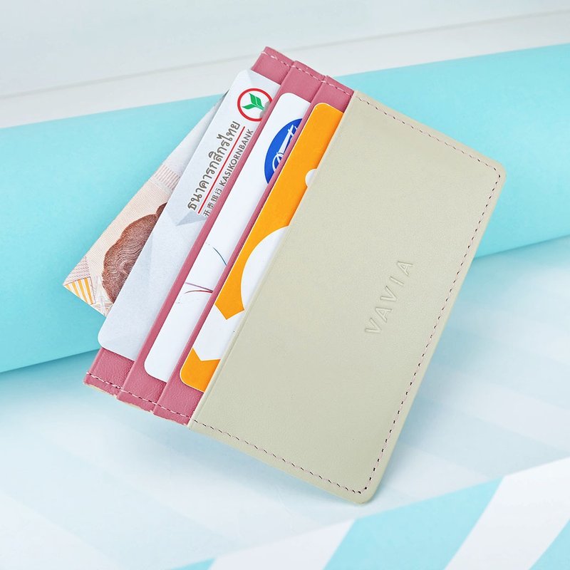 White&Milky Pink Cow Leather Card Holder - 皮夹/钱包 - 真皮 粉红色