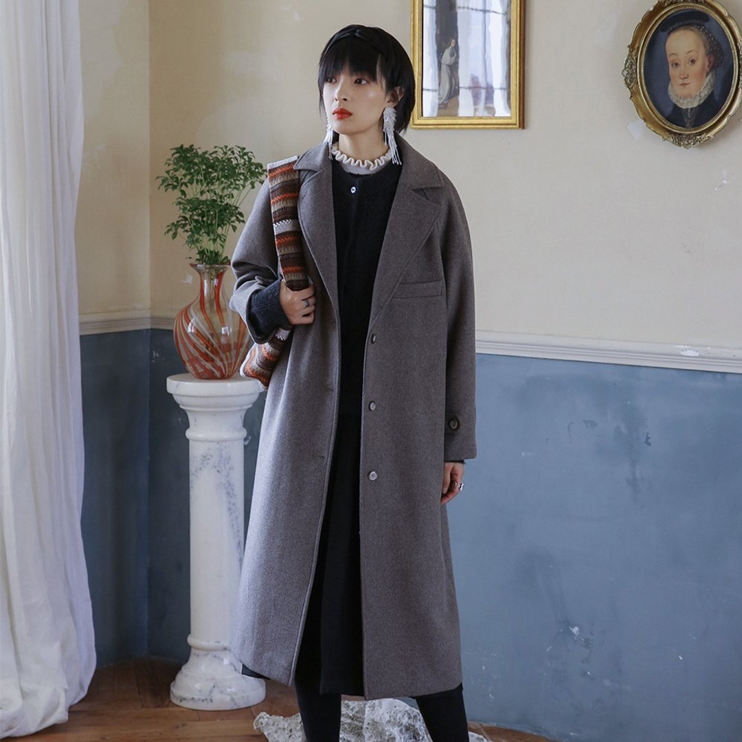 斜纹反驳领咖色长款大衣|大衣|外套|冬款|羊毛混纺|Sora-422 - 女装休闲/机能外套 - 羊毛 