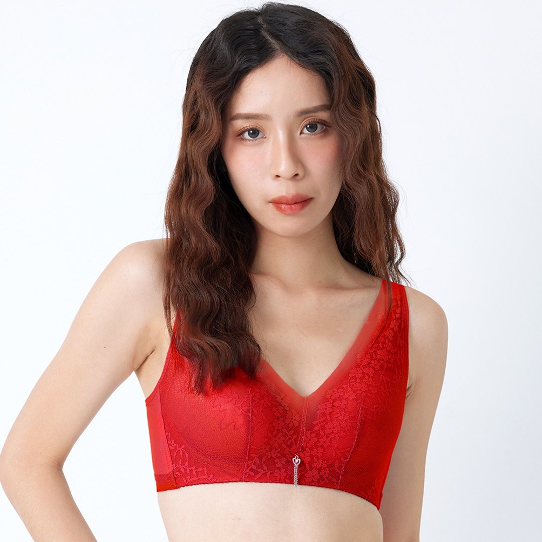 Pink Lady无钢圈 D~E罩杯 花雨藤紫 均匀薄衬 柔滑包覆单件内衣 - 女士内衣裤 - 尼龙 红色