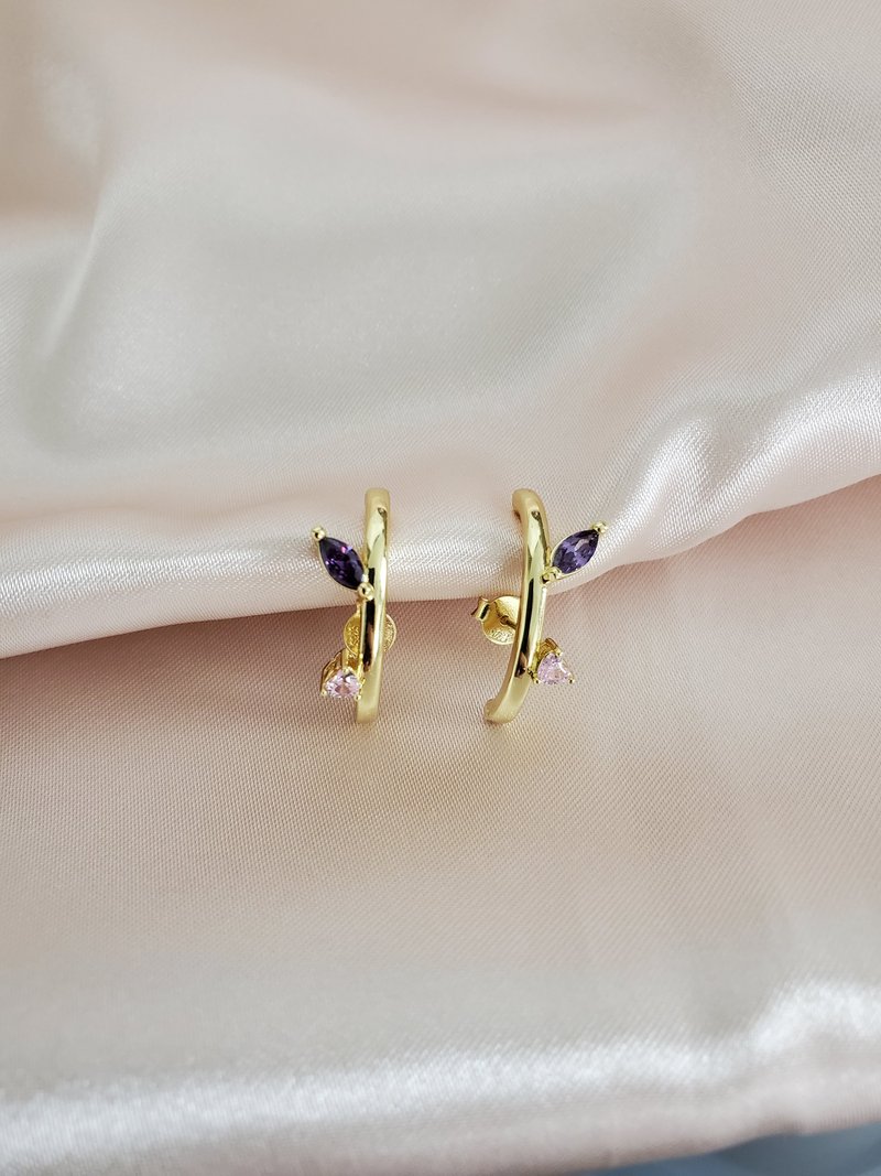 925 纯银耳针 线条耳环 ~ 水钻耳环 ~ 星座 ~ 镀14K金 玫瑰金 - 耳环/耳夹 - 纯银 金色