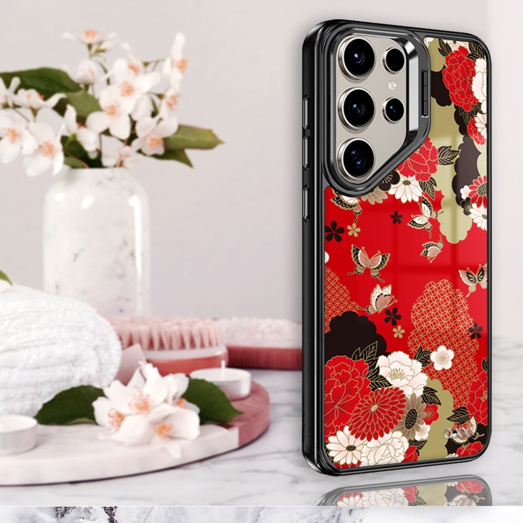 S26/S25/S24/S23 防摔合金框隐形立架壳 - 浮世绘牡丹与蝶 - 手机壳/手机套 - 其他材质 多色
