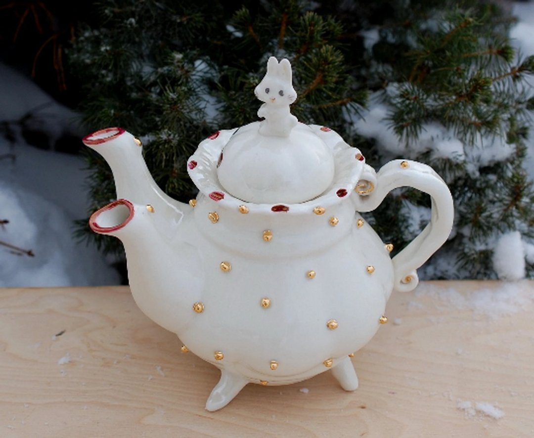 Double Spout Teapot Handmade white porcelain teapot Whimsical sculpture Teapot - 茶具/茶杯 - 瓷 白色