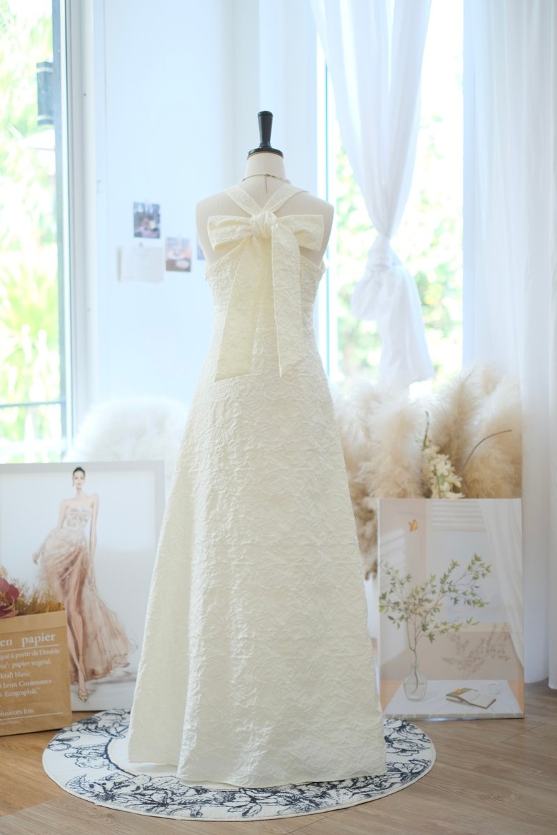 派对洋装 厚实缇花布 象牙白 碎花图案 长洋装 - 洋装/连衣裙 - 聚酯纤维 白色