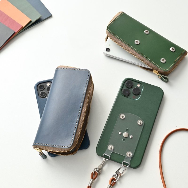 附圆形拉链收纳袋手机壳【意大利皮革】旋转式 手机挂绳 手帐型 真皮 双手机 BH02K - 手机壳/手机套 - 真皮 蓝色