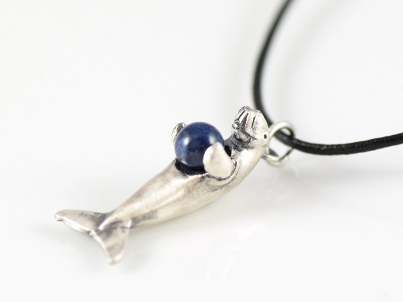 Dugong ball pendant with lapis lazuli leather strap necklace - 项链 - 半宝石 银色