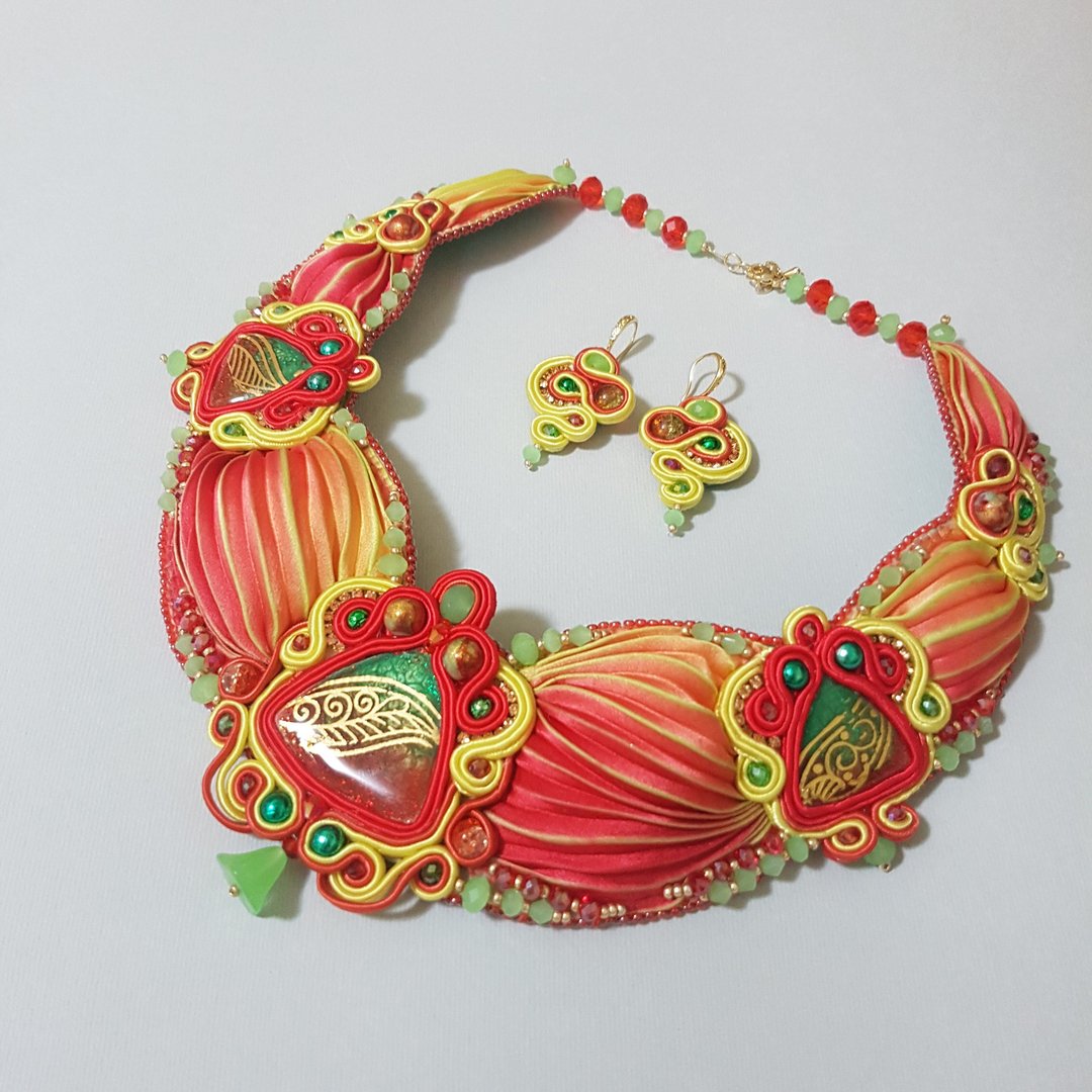 Shibori Necklace Shibori set  Soutache Necklace One of a kind jewelry set - 项链 - 其他金属 红色