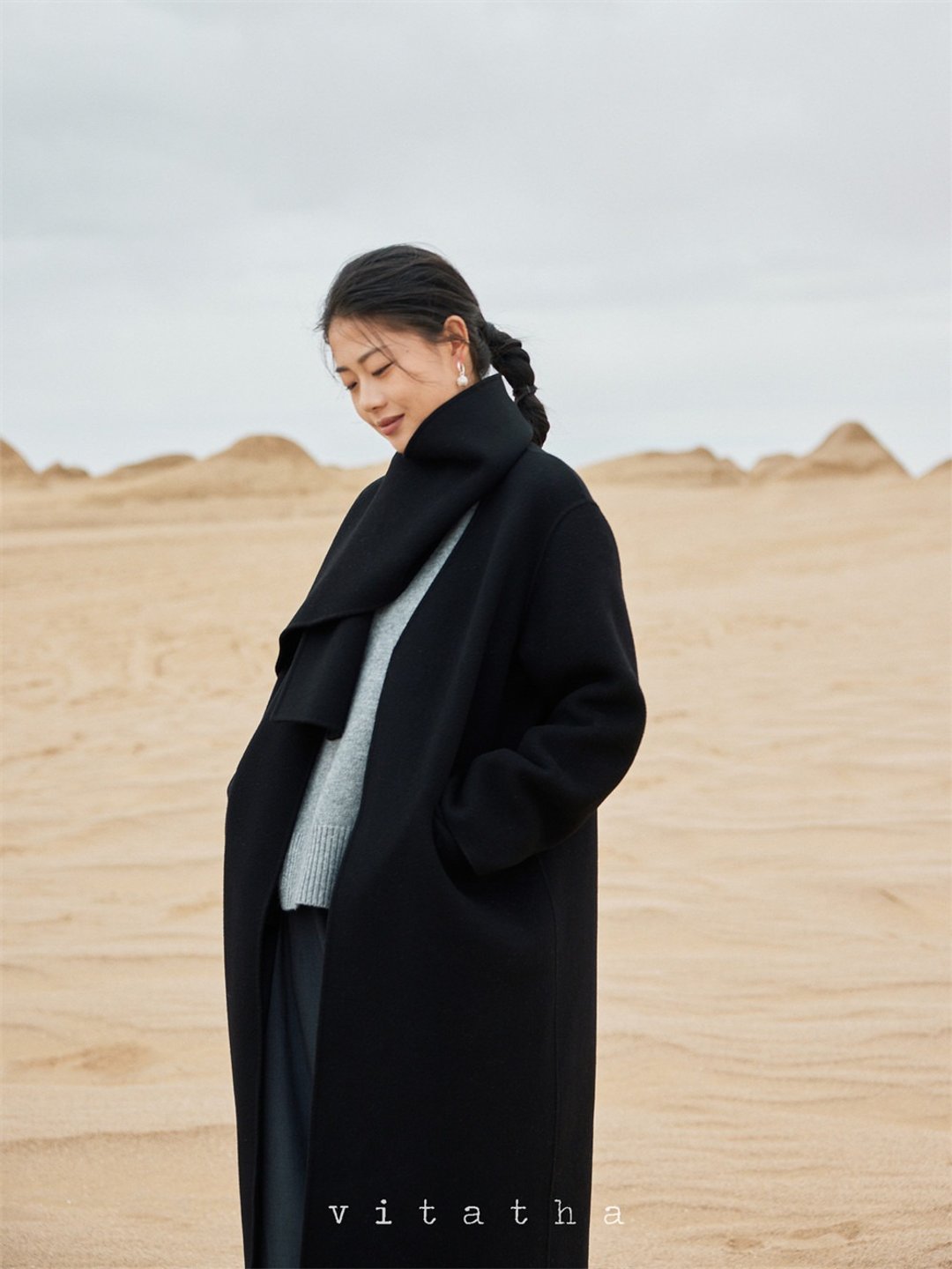 黑色 立裁围巾式层次领长款外套 双面羊绒羊毛大衣 - 女装休闲/机能外套 - 羊毛 黑色