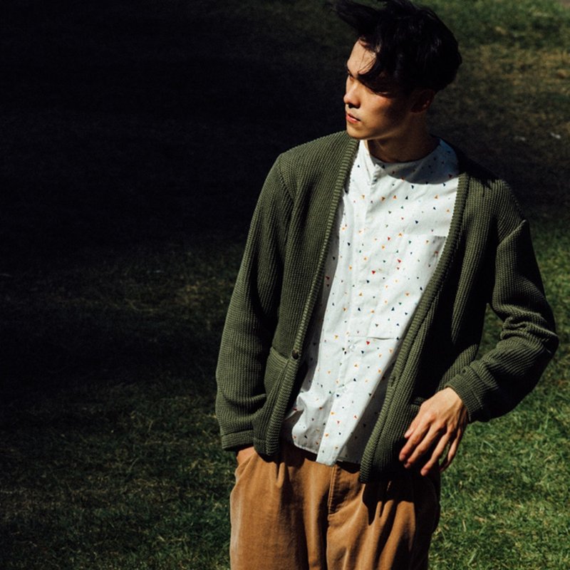 针织开襟罩衫 - 男装针织衫/毛衣 - 棉．麻 绿色