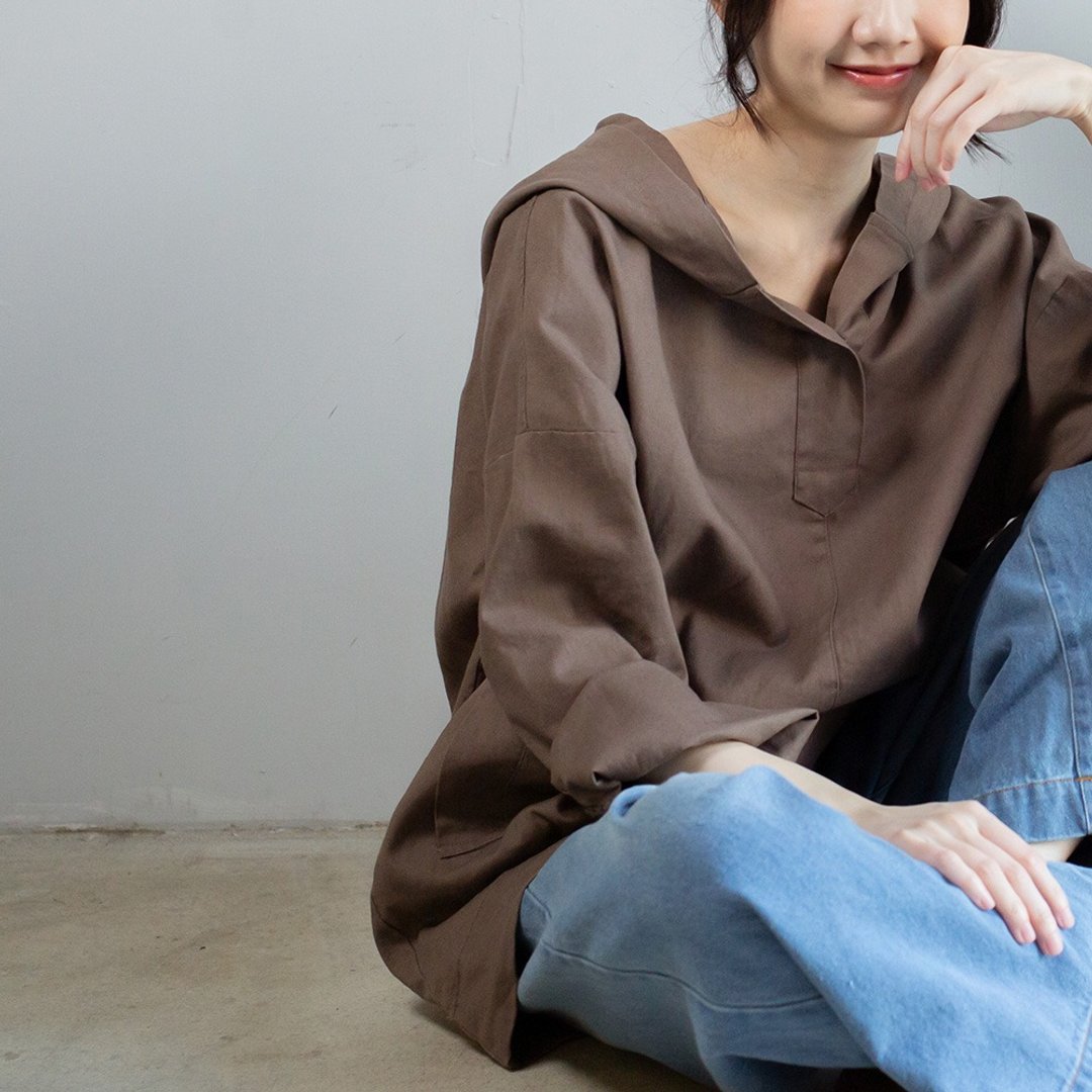 清新棉麻休闲连帽衫  咖啡色 - 女装上衣 - 棉．麻 咖啡色