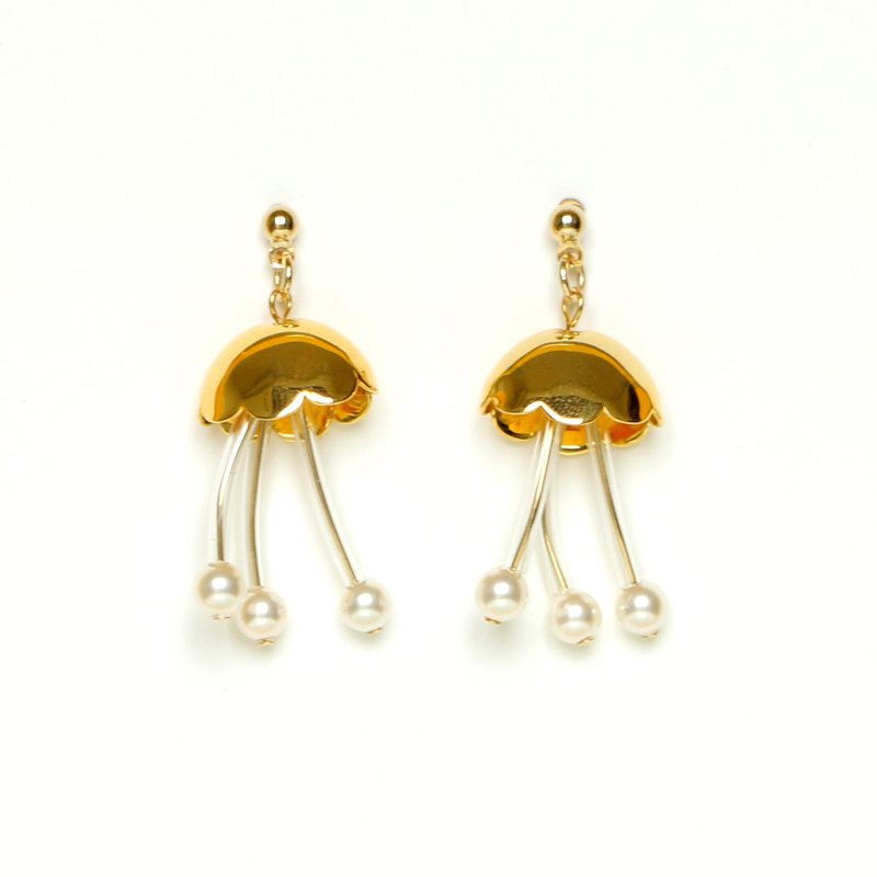 [Flower fish] beads Earrings - 耳环/耳夹 - 其他材质 金色