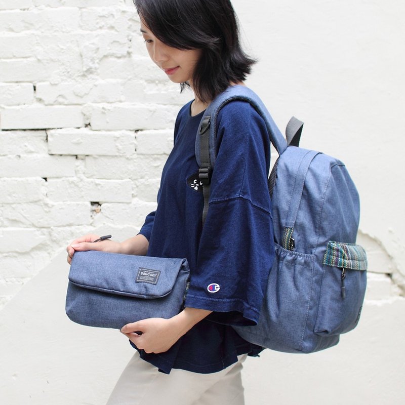 麻感收纳后背包组-麻蓝条纹105188 - 后背包/双肩包 - 防水材质 蓝色