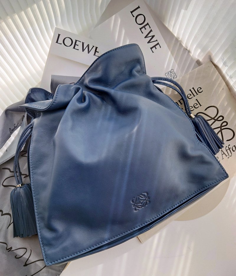 客人预留Loewe Flamenco海蓝流苏束口袋肩背包斜挎包单肩包束绳包 - 侧背包/斜挎包 - 真皮 蓝色