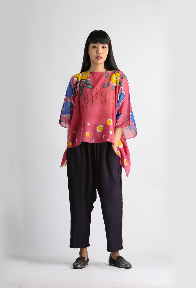 Poncho Cotton Rayon Blouse Hand paint For Summer Beach Vacat - 女装上衣 - 棉 红色