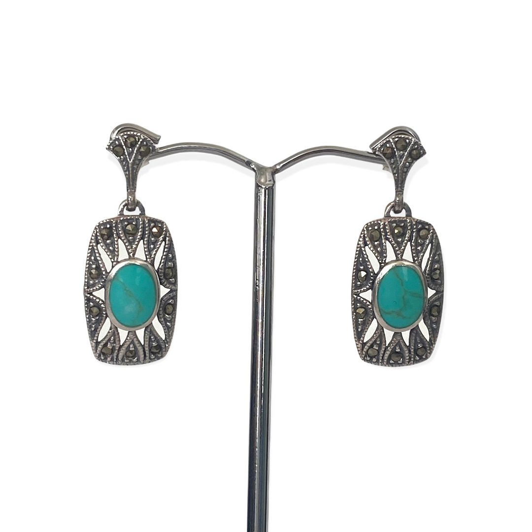 Art Deco Style Square Drop Earrings/Set Turquoise&amp;Marcasite 925 Sterling Silver - 耳环/耳夹 - 纯银 绿色